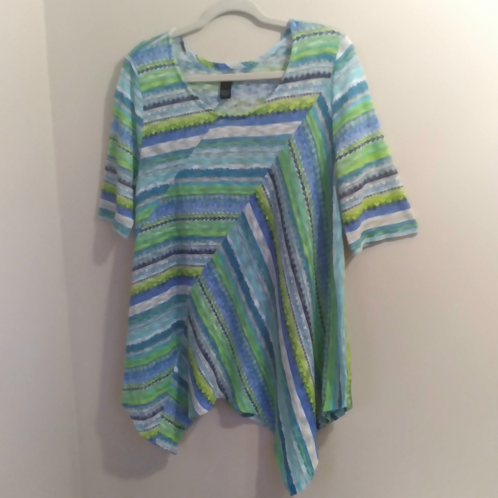 New Directions Blue‎ & Green Striped Handkerchief Hem Tunic